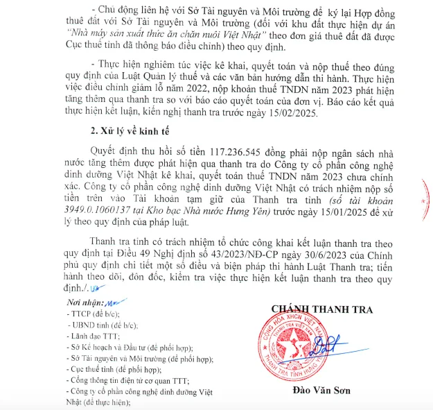 Kết luận thanh tra&nbsp;việc chấp h&agrave;nh ph&aacute;p luật về đầu tư, đất đai, thuế v&agrave; c&aacute;c nghĩa vụ t&agrave;i ch&iacute;nh kh&aacute;c tại C&ocirc;ng ty cổ phần C&ocirc;ng nghệ Dinh dưỡng Việt Nhật &nbsp;