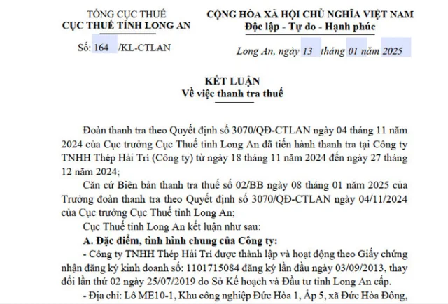 Kết luận thanh tra thuế tại C&ocirc;ng ty TNHH Th&eacute;p Hải Tr&iacute;. &nbsp;