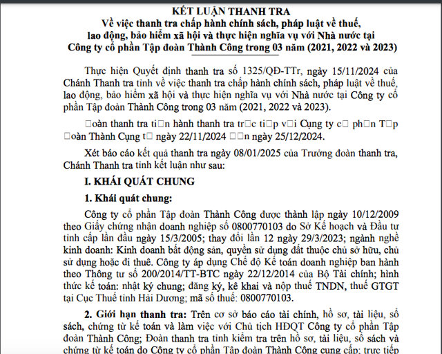 Kết luận thanh tra số về việc thanh tra chấp h&agrave;nh ch&iacute;nh s&aacute;ch, ph&aacute;p luật về thuế, lao động, bảo hiểm x&atilde; hội v&agrave; thực hiện nghĩa vụ với Nh&agrave; nước tại C&ocirc;ng ty cổ phần Tập đo&agrave;n Th&agrave;nh C&ocirc;ng.