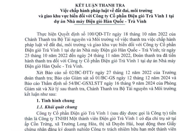 Kết luận thanh tra việc chấp h&agrave;nh ph&aacute;p luật về đất đai, m&ocirc;i trường v&agrave; giao khu vực biển đối với C&ocirc;ng ty cổ phần Điện gi&oacute; Tr&agrave; Vinh 1 tại dự &aacute;n Nh&agrave; m&aacute;y Điện gi&oacute; H&agrave;n Quốc - Tr&agrave; Vinh