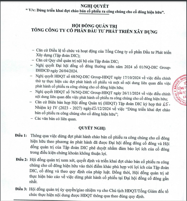 DIG dừng triển khai phương &aacute;n ph&aacute;t h&agrave;nh cổ phiếu cho cổ đ&ocirc;ng (Nguồn: DIC Group). &nbsp;