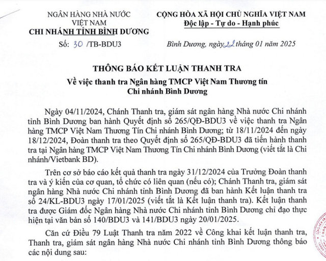 Kết luận thanh tra tại Ng&acirc;n h&agrave;ng TMCP Việt Nam Thương T&iacute;n chi nh&aacute;nh tỉnh B&igrave;nh Dương.