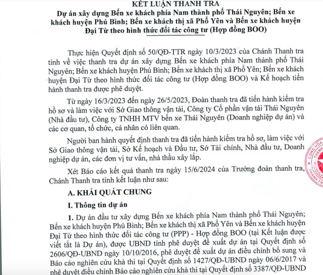 Kết luận thanh tra số về việc thanh tra dự &aacute;n x&acirc;y dựng: Bến xe ph&iacute;a Nam th&agrave;nh phố Th&aacute;i Nguy&ecirc;n; Bến xe kh&aacute;ch thị x&atilde; Phổ Y&ecirc;n; Bến xe kh&aacute;ch huyện Ph&uacute; B&igrave;nh; Bến xe kh&aacute;ch huyện Đại Từ