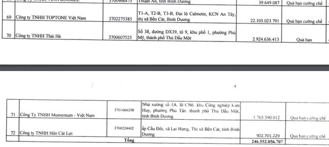 C&oacute; số nợ tiền thuế lớn đứng thứ 3 trong danh s&aacute;ch l&agrave; C&ocirc;ng ty TNHH Toptone Việt Nam, địa chỉ Đại lộ Calmette, KCN An T&acirc;y, thị x&atilde; Bến C&aacute;t, B&igrave;nh Dương. C&ocirc;ng ty c&oacute; số tiền thuế, tiền chậm nộp, tiền c&ograve;n nợ l&agrave; hơn 22,1 tỷ đồng, t&igrave;nh trạng qu&aacute; hạn cưỡng chế.