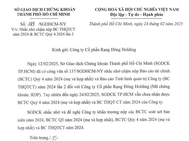 Rạng Đ&ocirc;ng Holding bị HoSE nhắc nhở 3 lần trong một th&aacute;ng v&igrave; chậm nộp b&aacute;o c&aacute;o theo quy định