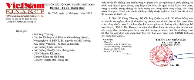 CV UBND tỉnh H&agrave; Tĩnh đồng &yacute; về chủ trương cho ph&eacute;p C&ocirc;ng ty TNHH Đại Ho&agrave;ng H&agrave; nghi&ecirc;n cứu, khảo s&aacute;t c&aacute;c dự &aacute;n điện gi&oacute; Kỳ Anh 1, điện gi&oacute; Kỳ Anh 2 v&agrave; điện gi&oacute; Kỳ Anh 3 tại huyện Kỳ Anh. &nbsp;