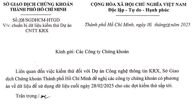 HoSE đề nghị c&aacute;c c&ocirc;ng ty chứng kho&aacute;n chuẩn bị dữ liệu kiểm thử dự &aacute;n c&ocirc;ng nghệ th&ocirc;ng tin KRX.