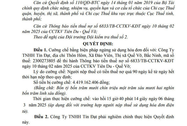 C&ocirc;ng ty TNHH T&iacute;n Đạt bị cưỡng chế ngừng sử dụng h&oacute;a đơn. &nbsp;