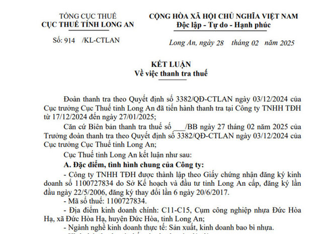 Kết luận thanh tra thuế tại C&ocirc;ng ty TNHH TĐH.