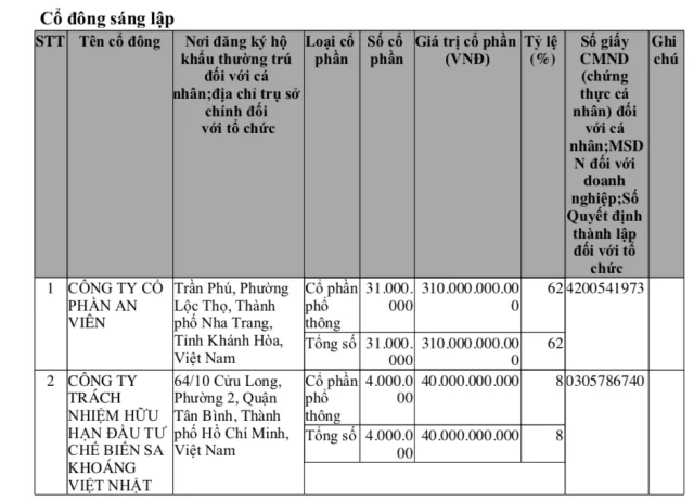 Cổ đ&ocirc;ng g&oacute;p vốn tại&nbsp;C&ocirc;ng ty cổ phần Khai tuyển quặng B&igrave;nh Phước