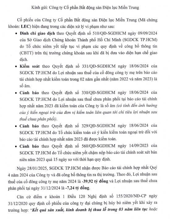 C&ocirc;ng văn về việc cổ phiếu LEC c&oacute; khả năng bị hủy ni&ecirc;m yết. &nbsp;