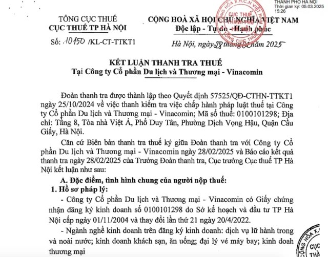 Kết luận thanh tra thuế tại C&ocirc;ng ty cổ phần Du lịch v&agrave; thương mại &ndash; Vinacomin &nbsp;