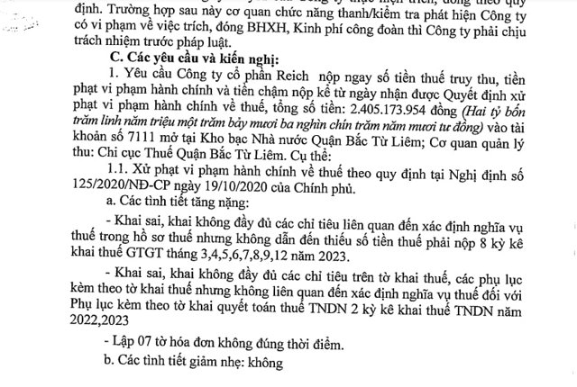 Cục Thuế TP H&agrave; Nội vừa c&ocirc;ng khai kết luận thanh tra thuế tại C&ocirc;ng ty cổ phần Reich