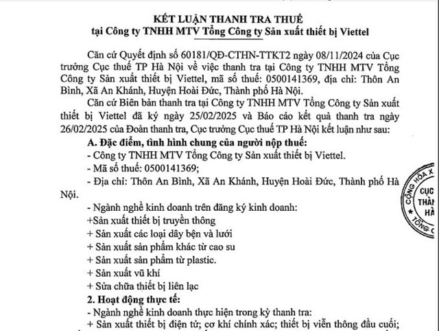 Kết luận thanh tra Thuế tại C&ocirc;ng ty TNHH MTV Tổng c&ocirc;ng ty Sản xuất Thiết bị VIETTEL. &nbsp;