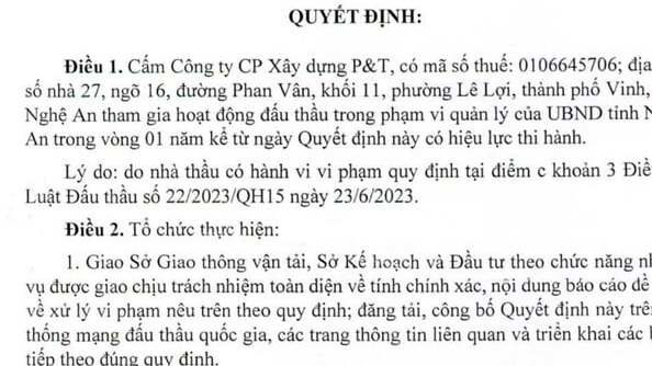 Quyết định cấm tham gia hoạt động đấu thầu trong thời gian 1 năm đối với C&ocirc;ng ty Cổ phần X&acirc;y dựng P&amp;T tại Nghệ An.