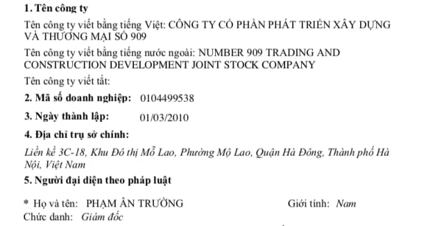 C&ocirc;ng ty X&acirc;y dựng 909 được th&agrave;nh lập ng&agrave;y 1/3/2010