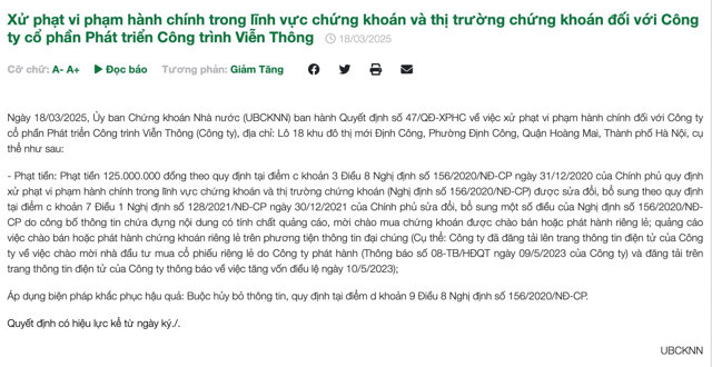 Nội dung th&ocirc;ng tin xử phạt của UBCKNN đối với Telcom