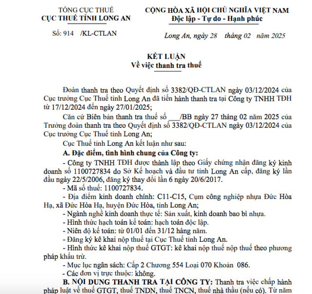 Kết luận thanh tra thuế tại&nbsp;C&ocirc;ng ty TNHH TĐH &nbsp;