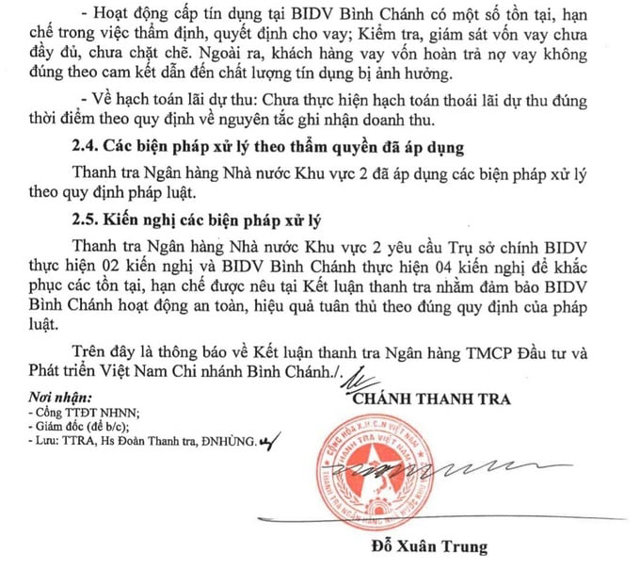 Kết luận thanh tra đối với Ng&acirc;n h&agrave;ng TMCP Đầu tư v&agrave; Ph&aacute;t triển Việt Nam - Chi nh&aacute;nh B&igrave;nh Ch&aacute;nh (BIDV B&igrave;nh Ch&aacute;nh).