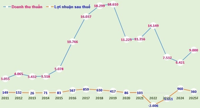 Biểu đồ: Doanh thu thuần v&agrave; lợi nhuận sau thuế của H&ograve;a B&igrave;nh giai đoạn 2011-2024 v&agrave; kế hoạch 2025 (đvt: tỷ đồng).
