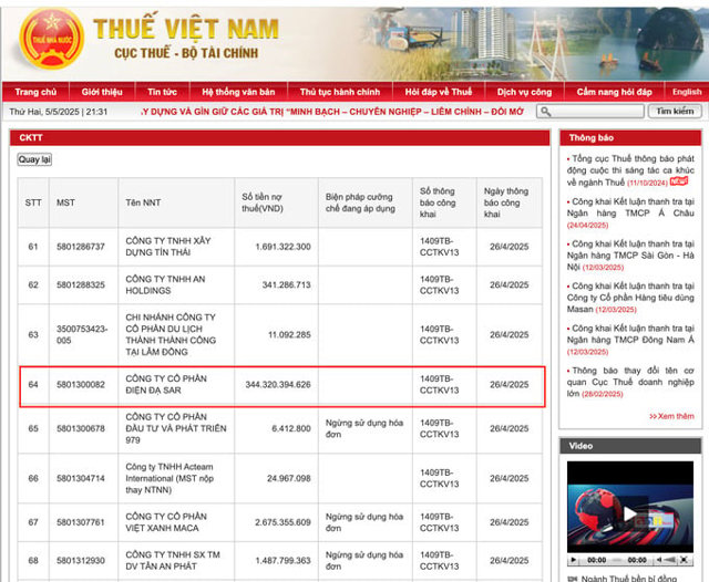 Công ty Cổ phần Điện Đạ Sar phản hồi thông tin nợ thuế - Ảnh 1