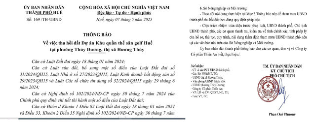 TP. Huế th&ocirc;ng b&aacute;o thu hồi đất dự &aacute;n s&acirc;n golf 1.800 tỷ đồng của C&ocirc;ng ty CP Thi&ecirc;n An. &nbsp;