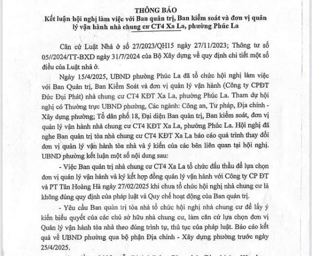BQT chung cư CT4 Xa La tự &yacute; lựa chọn nh&agrave; thầu vận h&agrave;nh tr&aacute;i ph&aacute;p luật. &nbsp;