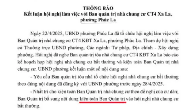 UBND phường Ph&uacute;c La nhất tr&iacute; cho kiện to&agrave;n BQT chung cư CT4 Xa La theo nguyện vọng của cư d&acirc;n. &nbsp;