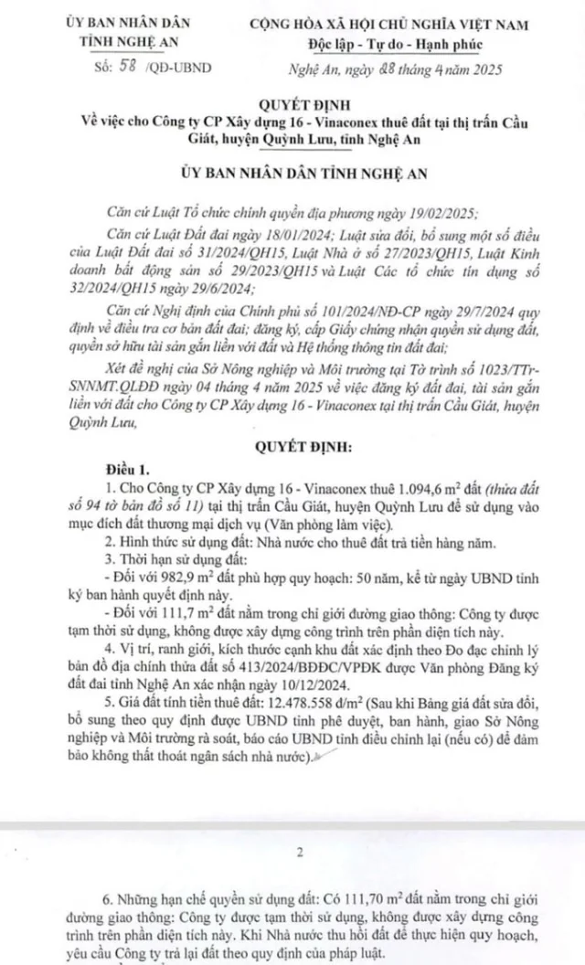 Quyết định cho C&ocirc;ng ty Cổ phần X&acirc;y dựng 16-Vinaconex thu&ecirc; đất tại thị trấn Cầu Gi&aacute;t, huyện Quỳnh Lưu.