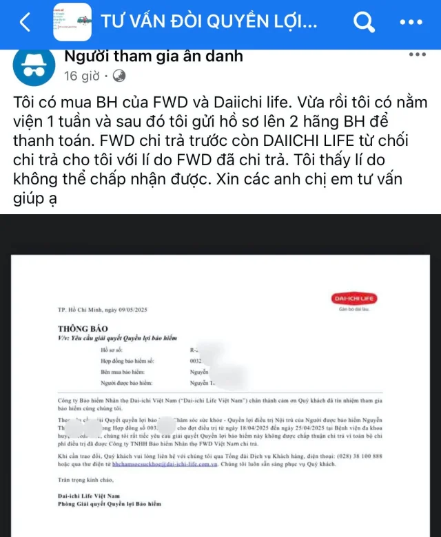 Th&agrave;nh vi&ecirc;n của Cộng đồng bảo hiểm thắc mắc về chi trả bồi thường của bảo hiểm FWD v&agrave; Dai -ichi