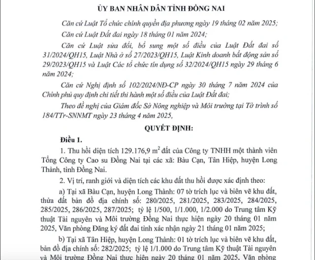 Tỉnh Đồng Nai vừa ban h&agrave;nh quyết định thu hồi hơn 129.000m2 đất của C&ocirc;ng ty TNHH MTV Tổng c&ocirc;ng ty Cao su Đồng Nai