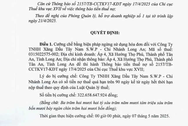 C&ocirc;ng ty TNHH Xăng dầu T&acirc;y Nam S.W.P &ndash; chi nh&aacute;nh Long An c&oacute; số tiền bị cưỡng chế hơn 322,65 tỷ đồng &nbsp;