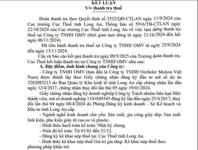 Kết luận thanh tra thuế tại C&ocirc;ng ty TNHH OMV.