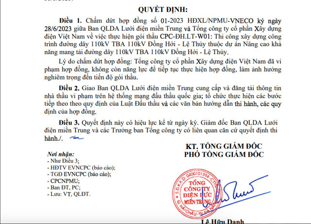 Kh&ocirc;ng c&ograve;n năng lực để tiếp tục thực hiện hợp đồng, Tổng c&ocirc;ng ty cổ phần X&acirc;y dựng điện Việt Nam bị chấm dứt hợp đồng g&oacute;i thầu trị gi&aacute; hơn 88,38 tỷ đồng