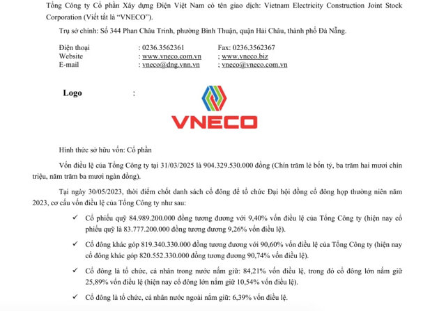 Tổng c&ocirc;ng ty cổ phần X&acirc;y dựng điện Việt Nam c&oacute; vốn điều lệ gần 904,33 tỷ đồng