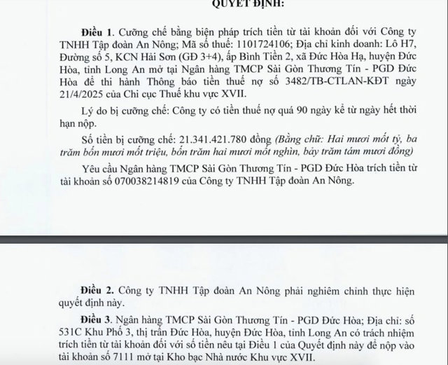 C&ocirc;ng ty TNHH Tập đo&agrave;n An N&ocirc;ng c&oacute; số tiền thuế nợ qu&aacute; 90 ng&agrave;y hơn 21,34 tỷ đồng