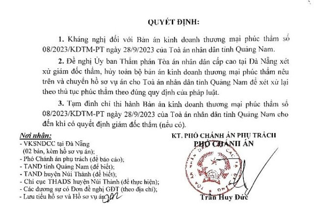 Kh&aacute;ng nghị hủy Bản &aacute;n ph&uacute;c thẩm số 08/2023/KDTM-PT ng&agrave;y 28/9/2023