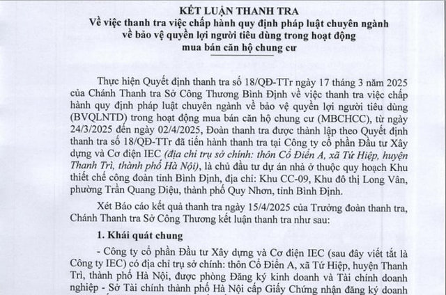 Kết luận thanh tra việc chấp h&agrave;nh quy định ph&aacute;p luật chuy&ecirc;n ng&agrave;nh về bảo vệ quyền lợi người ti&ecirc;u d&ugrave;ng trong hoạt động mua b&aacute;n căn hộ chung cư tại B&igrave;nh Định.