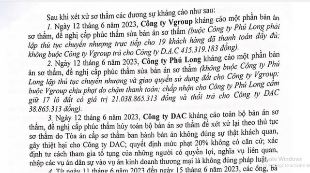 3 C&ocirc;ng ty đều kh&aacute;ng c&aacute;o bản &aacute;n sơ thẩm. C&ocirc;ng ty Ph&uacute; Long kh&ocirc;ng đồng &yacute; ra sổ đỏ cho C&ocirc;ng ty VGROUP; C&ocirc;ng ty DAC kh&aacute;ng c&aacute;o hủy to&agrave;n bộ bản &aacute;n sơ thẩm