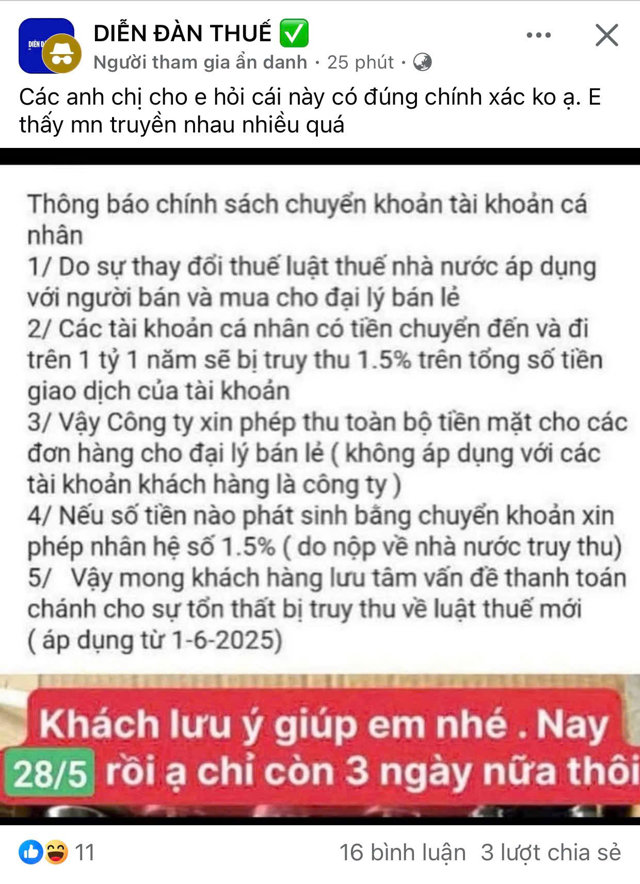 Th&ocirc;ng tin được lan truyền tr&ecirc;n c&aacute;c Diễn đ&agrave;n, cộng đồng Thuế trong những ng&agrave;y gần đ&acirc;y. Ảnh chụp m&agrave;n h&igrave;nh &nbsp;