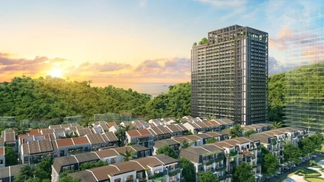 Thiết kế t&ograve;a The Xanh 2 ứng dụng linh hoạt chất liệu truyền thống (Ảnh: Sun Property) &nbsp;