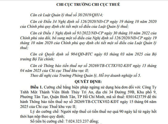 C&ocirc;ng ty B&igrave;nh Thủy Tr&iacute; An vừa bị cưỡng chế thuế v&agrave; tạm ngừng sử dụng h&oacute;a đơn v&igrave; nợ thuế qu&aacute; hạn, với số tiền hơn 7 tỷ đồng.
