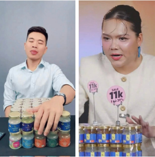 L&ecirc; Anh Nu&ocirc;i v&agrave; Phạm Thoại trong livestream b&aacute;n yến chưng. Ảnh chụp m&agrave;n h&igrave;nh.