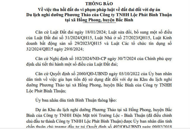 UBND tỉnh B&igrave;nh Thuận đ&atilde; ban h&agrave;nh Quyết định số 191/TB-UBND về việc thu hồi đất đối với dự &aacute;n Khu du lịch nghỉ dưỡng Phương Thảo của C&ocirc;ng ty TNHH Lộc Ph&aacute;t B&igrave;nh Thuận tại x&atilde; Hồng Phong, huyện Bắc B&igrave;nh do vi phạm ph&aacute;p luật về đất đai.
