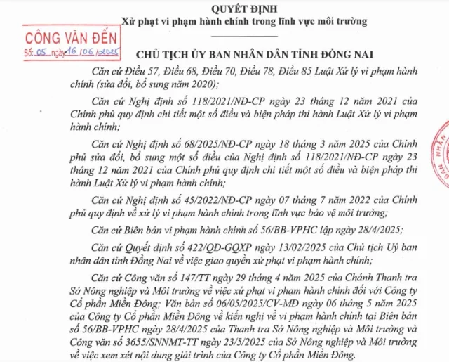 Xả thải ra m&ocirc;i trường, CTCP Miền Đ&ocirc;ng bị phạt hơn nửa tỷ đồng&nbsp;