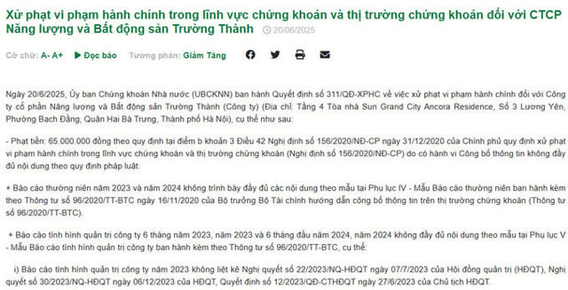 C&ocirc;ng ty Trường Th&agrave;nh bị phạt 240 triệu đồng v&igrave; vi phạm c&ocirc;ng bố th&ocirc;ng tin.