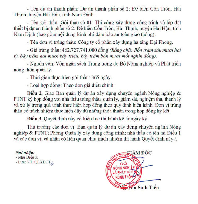 Quyết định tr&uacute;ng thầu do &ocirc;ng Nguyễn Sinh Tiến ph&ecirc; duyệt.