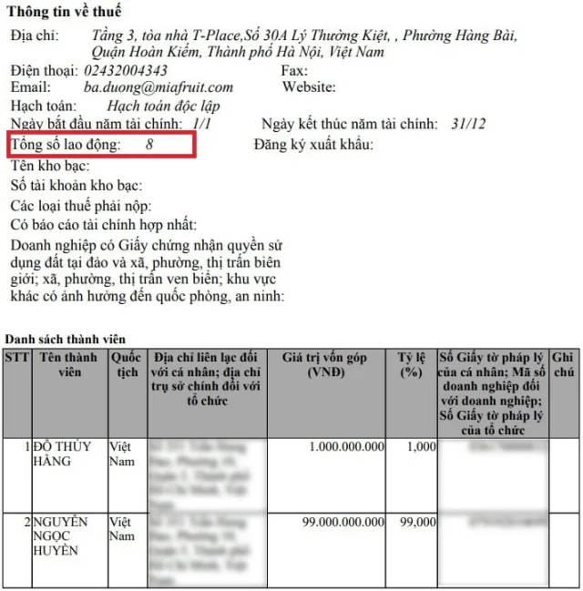 Cơ cấu cổ đ&ocirc;ng v&agrave; tổng số lao động theo đăng k&yacute; mới nhất của&nbsp;Mia Group. &nbsp;