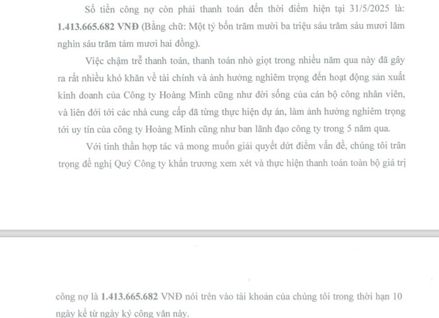 C&ocirc;ng ty ACE 6 Việt Nam đ&atilde; x&aacute;c nhận c&ograve;n nợ C&ocirc;ng ty Ho&agrave;ng Minh số tiền hơn 1,4 tỷ đồng &nbsp;