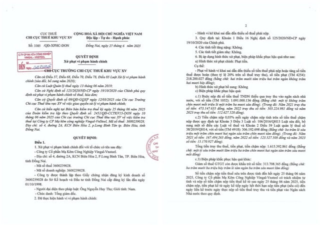 Chi cục Thuế khu vực XV ban h&agrave;nh quyết định xử phạt vi phạm h&agrave;nh ch&iacute;nh về thuế đối với C&ocirc;ng ty Cổ phần Mạ Kẽm C&ocirc;ng Nghiệp Vingal - Vnsteel. &nbsp;